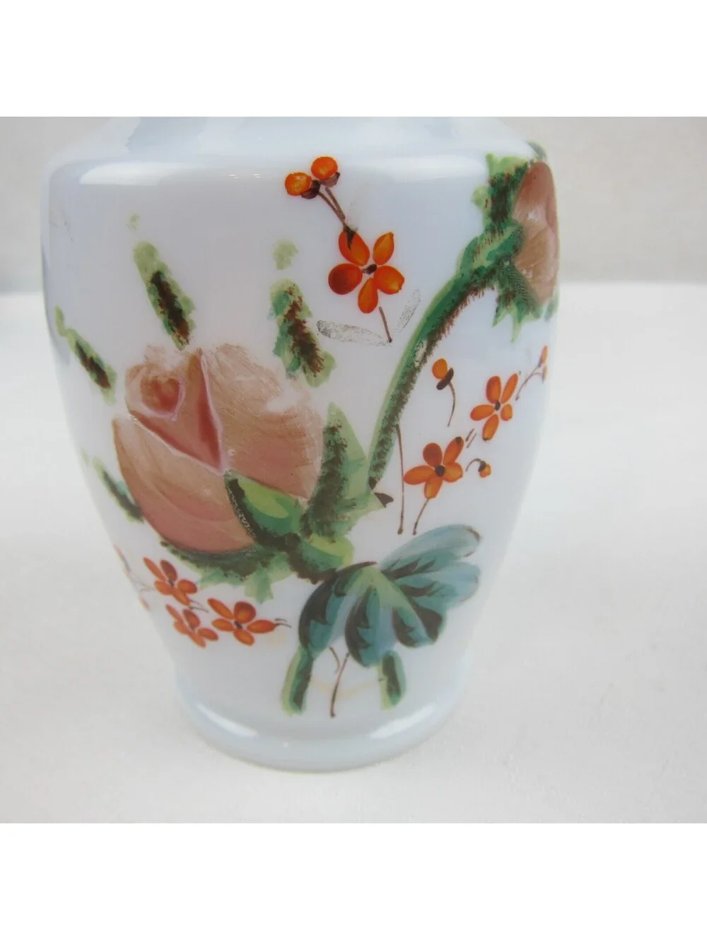 Antique Blue Opaline Glass Vase Hand Painted Floral Design Ruffled Double Crimp
